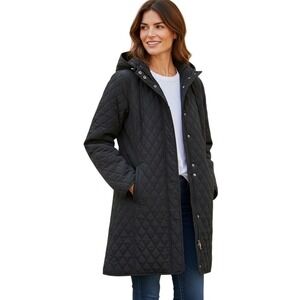 Garnet Hill Womens Black Essential Quilted Car Coat. Removable Hood.  Size M